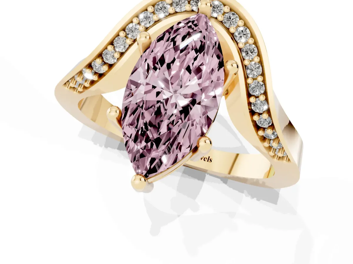 Fancy Pink Marquise Cut Solitaire Diamond Engagement Ring with Pave Band and Four-Prong Setting Yellow gold