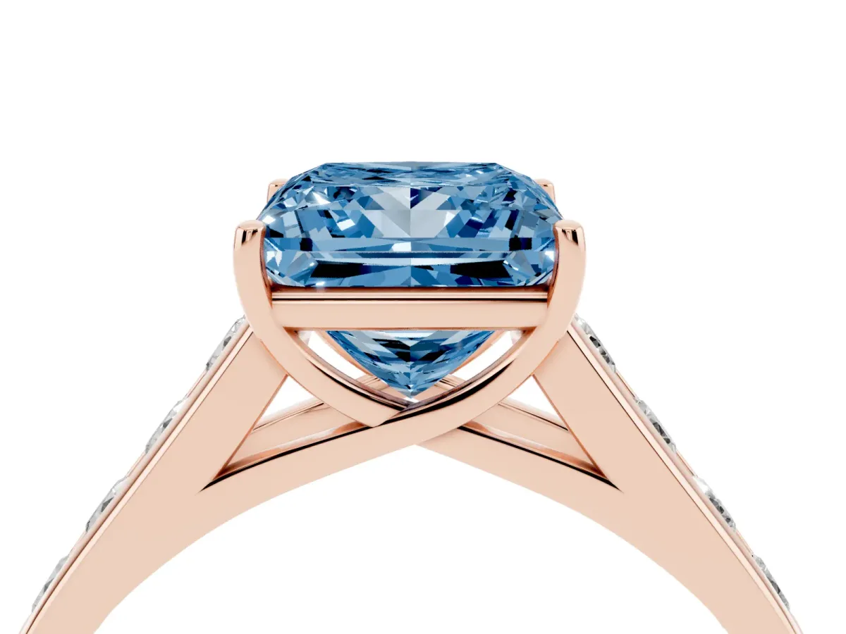 Fancy Blue Princess Cut Brilliant Channel-Set Solitaire Ring with Four-Prong Setting Rose gold
