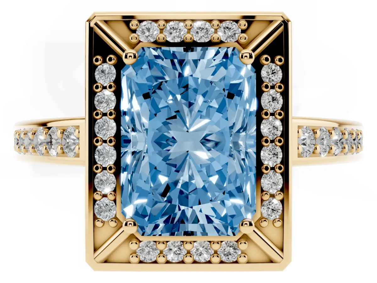 Fancy Blue Radiant Cut Cut Halo Pave Split Shank Prong Setting Ring Yellow gold