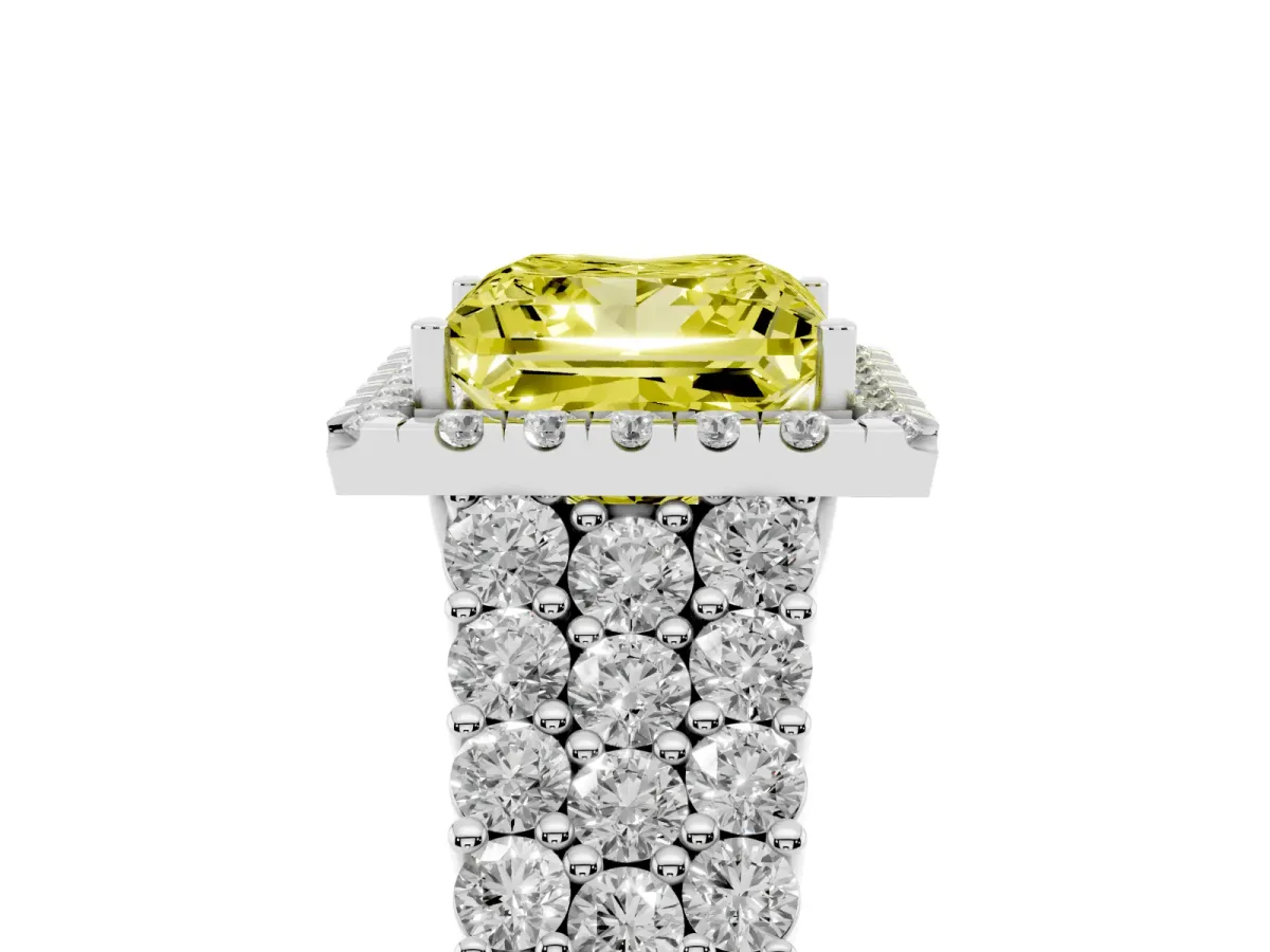 Fancy Yellow Princess Cut Diamond Halo Engagement Ring with Triple Row Round Pavé Band and Prong Setting Platinum