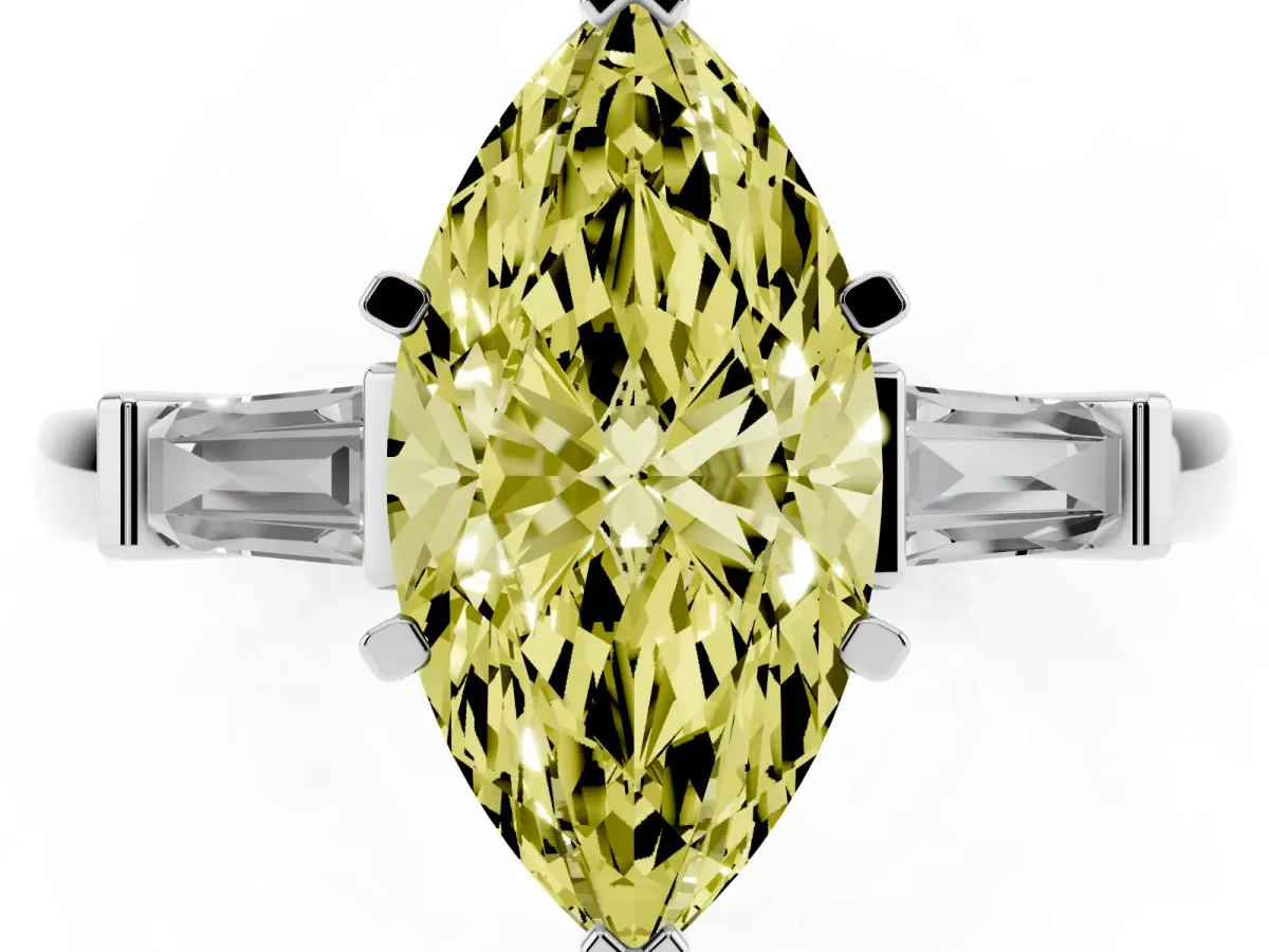 Fancy Yellow Marquise Cut Cut Diamond Solitaire Ring with Tapered Baguette Accents and Four-Prong Setting Silver