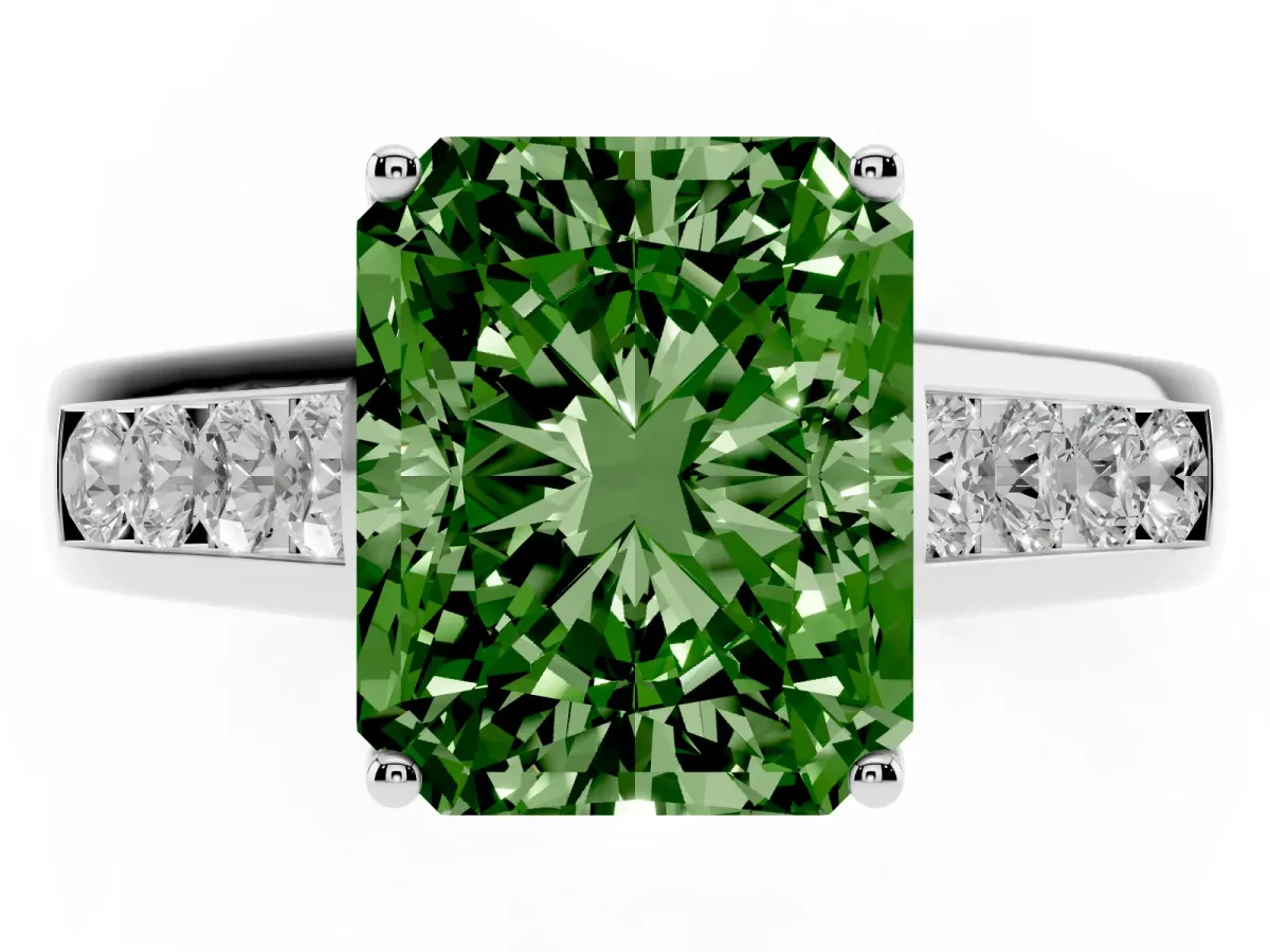 Fancy Green Radiant Cut Solitaire Channel-Set Diamond Engagement Ring with Four-Prong Setting Silver
