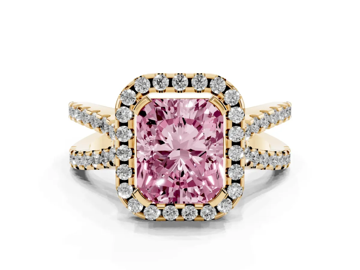 Fancy Pink Radiant Cut Diamond Halo Ring with Split Shank Pavé Band and Prong Setting Yellow gold