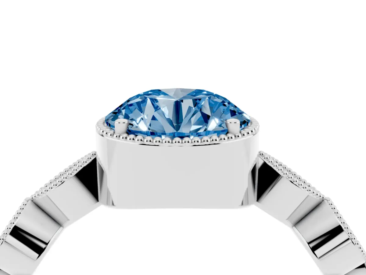 Fancy Blue Round Cut Diamond Vintage Milgrain Ring with Round Stations Silver
