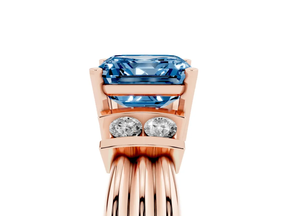 Fancy Blue Asscher Cut Cut Three-Stone Channel Set Ring with Bar Prongs Rose gold