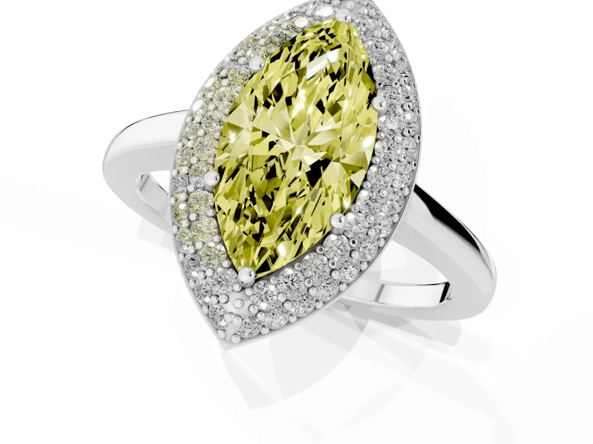Fancy Yellow Marquise Cut Halo Diamond Engagement Ring with Solitaire Band and Four-Prong Setting Platinum