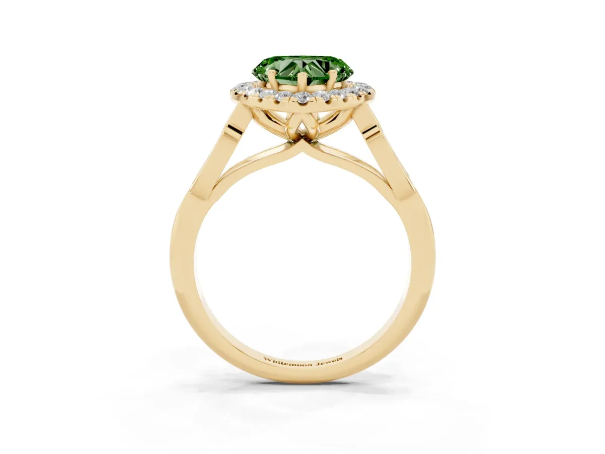 Fancy Green Heart Cut Halo Diamond Engagement Ring with Filigree Band and Four-Prong Setting Yellow gold