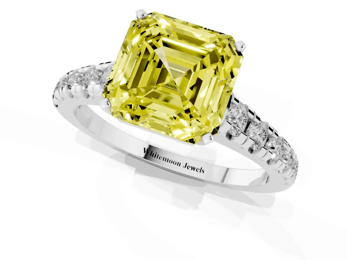 Fancy Yellow Asscher Cut Diamond Cathedral Solitaire Ring with Round Pavé Band Silver