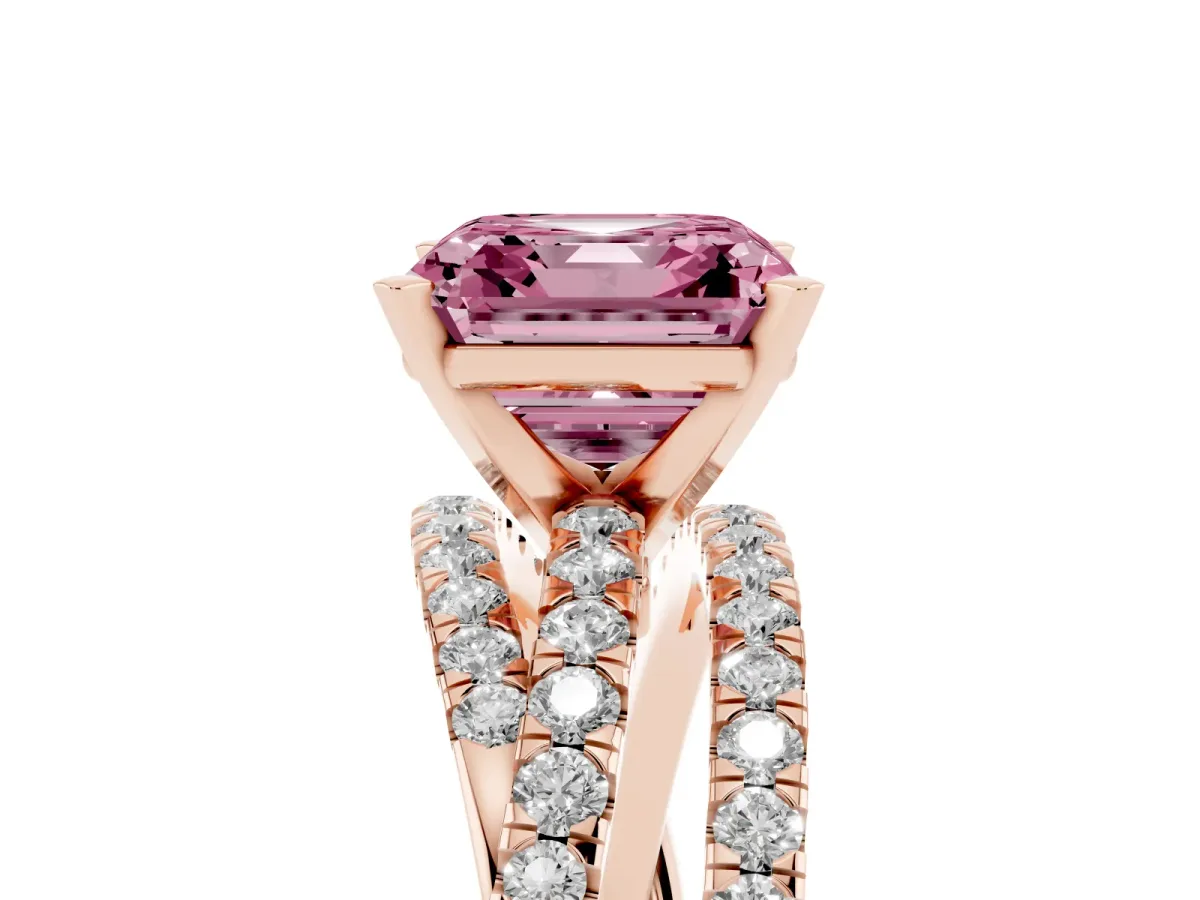 Fancy Pink Asscher Cut Solitaire Twist Band with Pavé Setting and Four-Prong Setting Rose gold