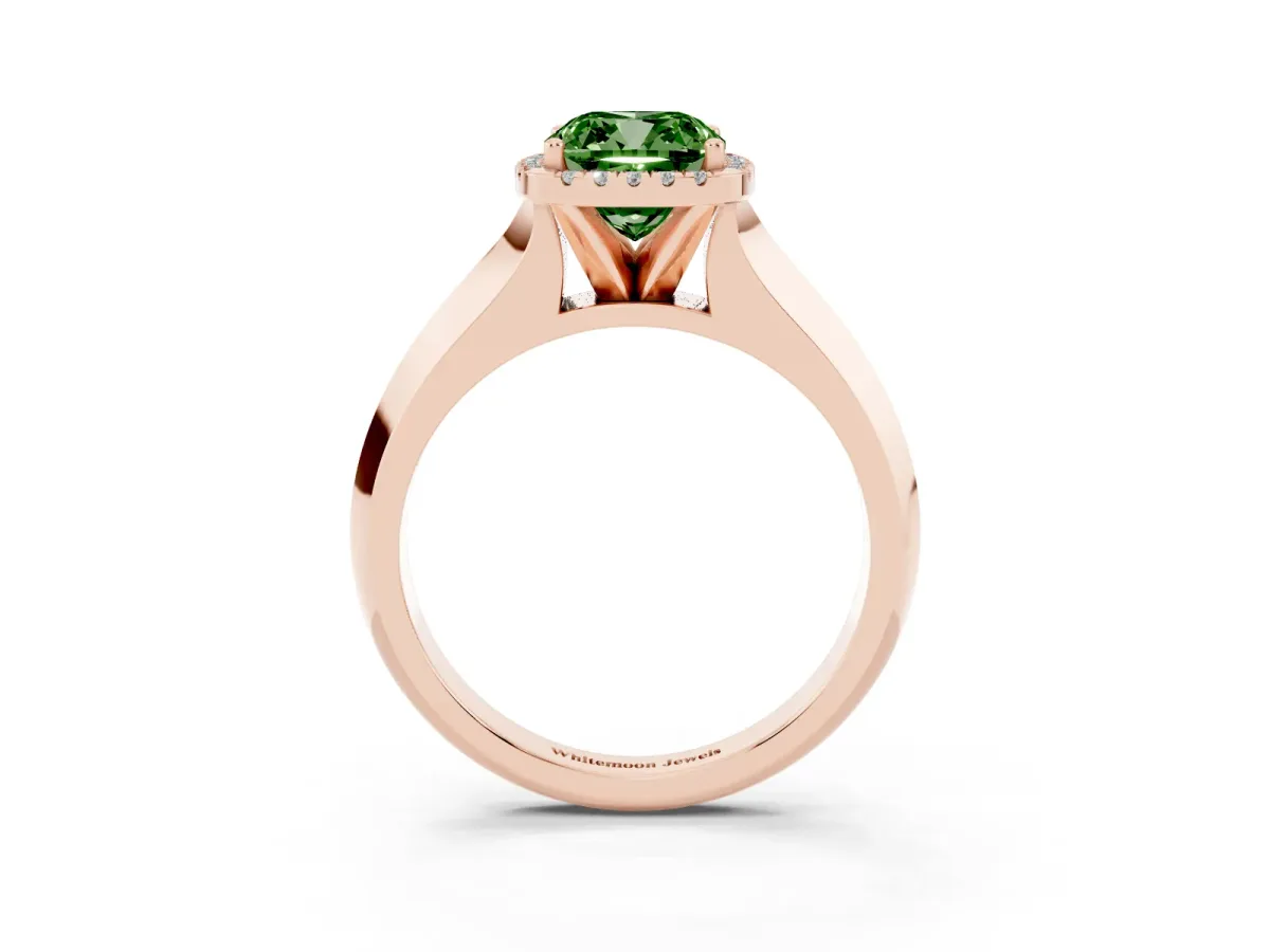Fancy Green Cushion Cut Halo Diamond Ring with Cathedral Band and Four-Prong Setting Rose gold