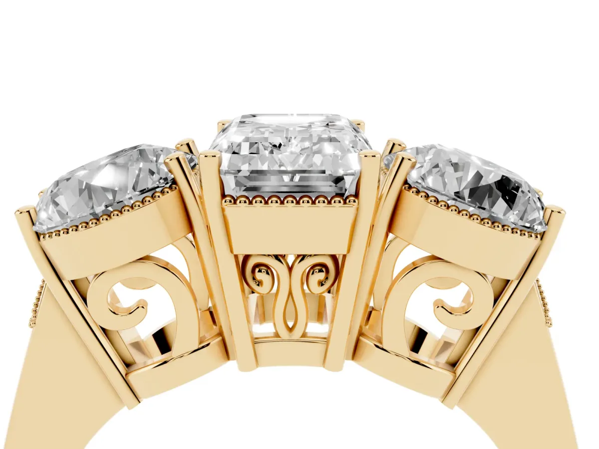 Three-Stone Emerald Cut Diamond Engagement Ring with Prong Setting on a Classic Band Yellow gold