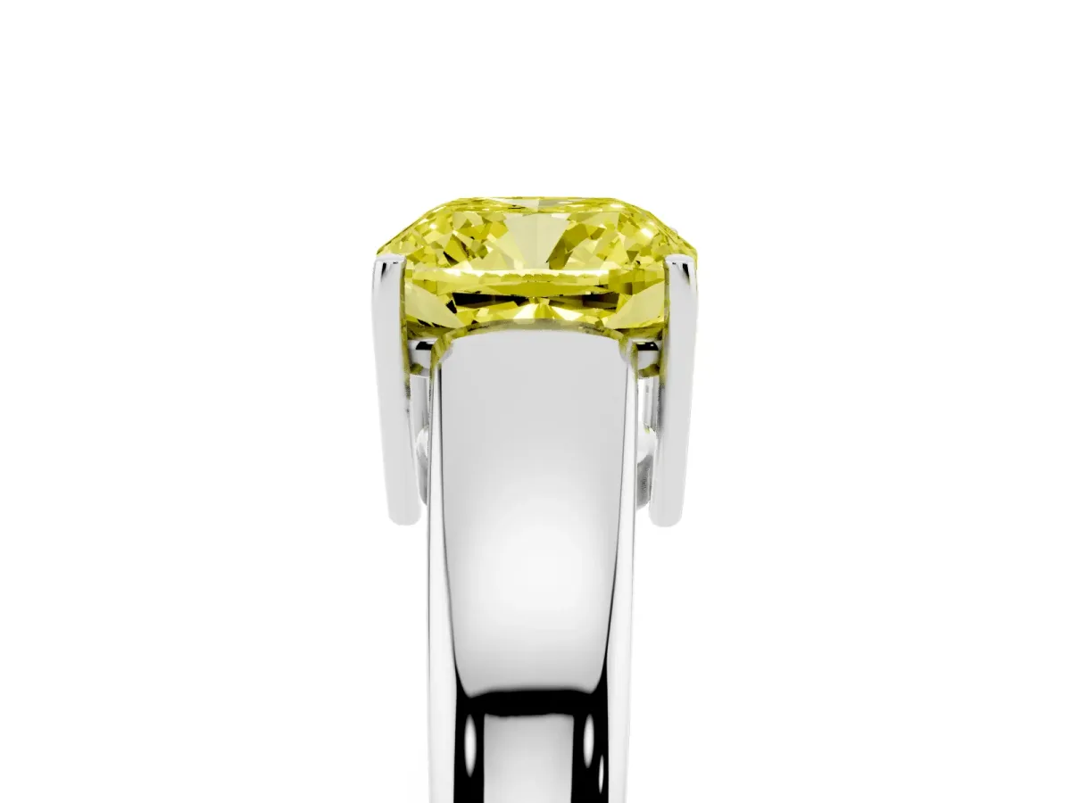 Fancy Yellow Cushion Cut Solitaire Diamond Ring with Tapered Band and Four-Prong Setting Silver