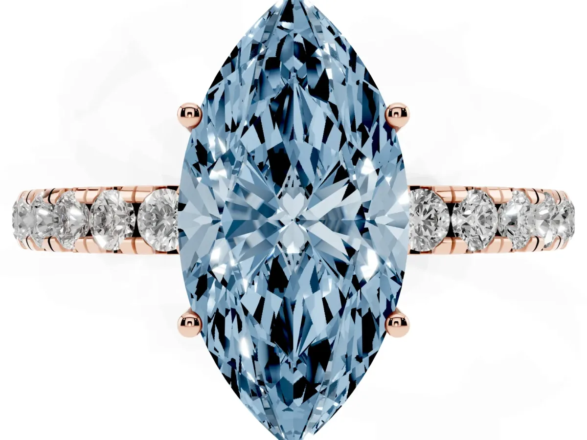 Fancy Blue Marquise Cut Diamond Pavé Solitaire Engagement Ring with Four-Prong Setting Rose gold