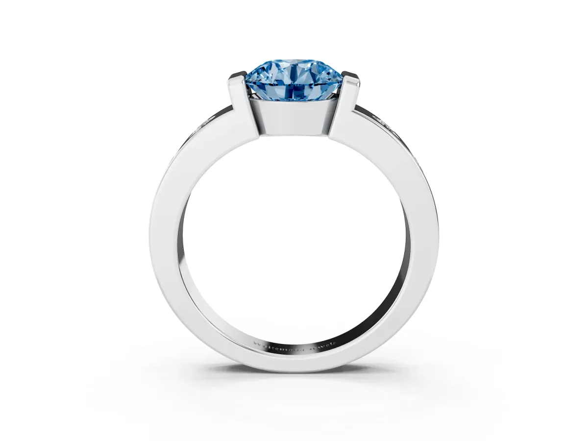 Fancy Blue Round Cut Brilliant Channel-Set Diamond Ring with Bezel Prong Setting Silver