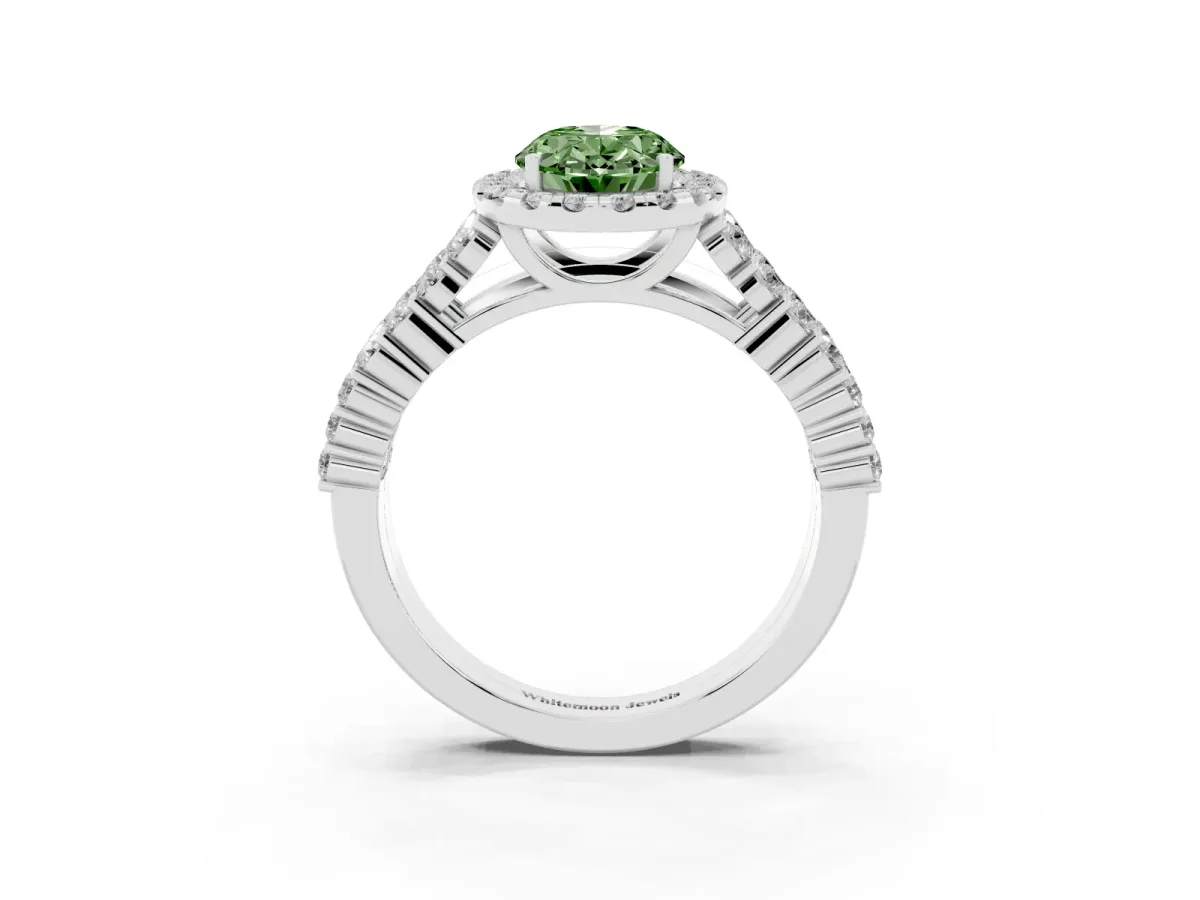 Fancy Green Oval Cut Diamond Halo Engagement Ring with Triple Row Round Pavé Band and Prong Setting Platinum