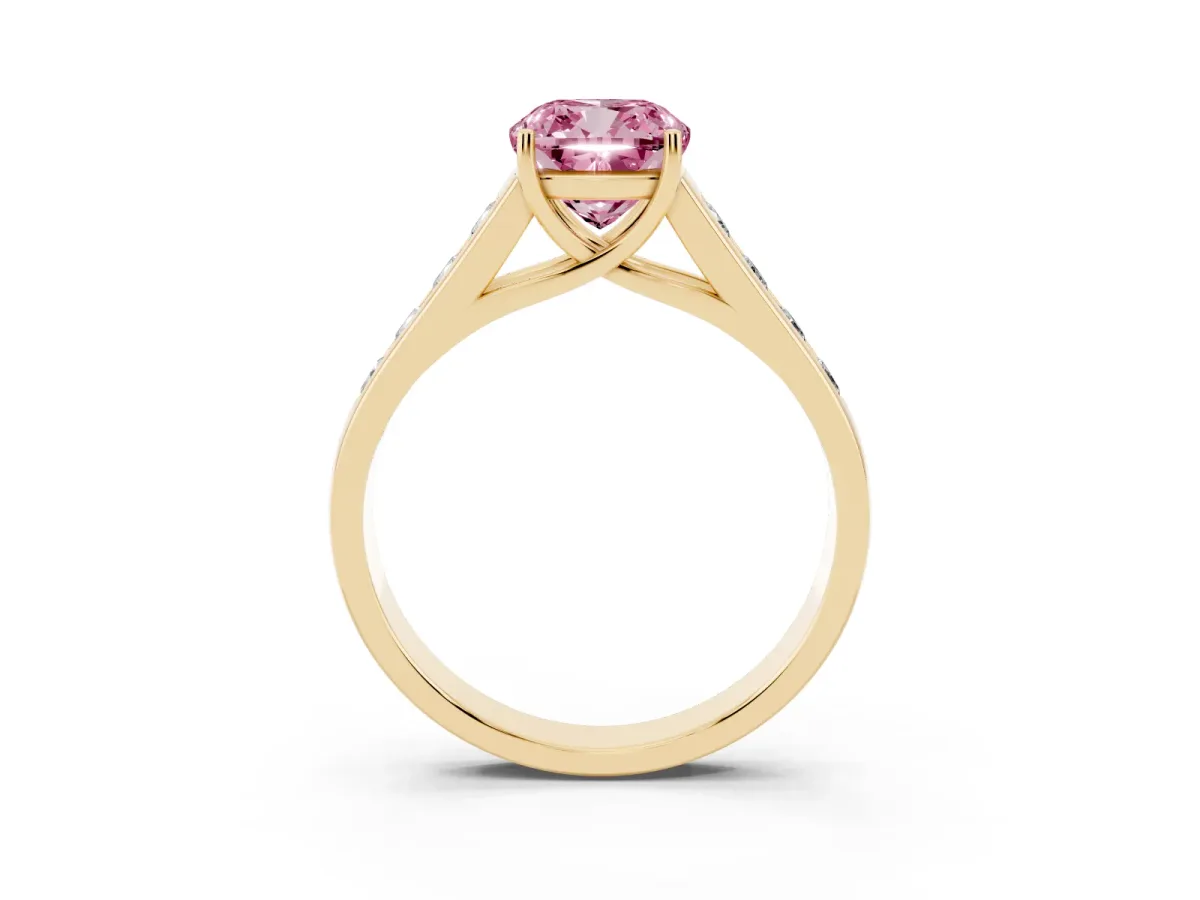 Fancy Pink Cushion Cut Brilliant Channel-Set Solitaire Ring with Four-Prong Setting Yellow gold