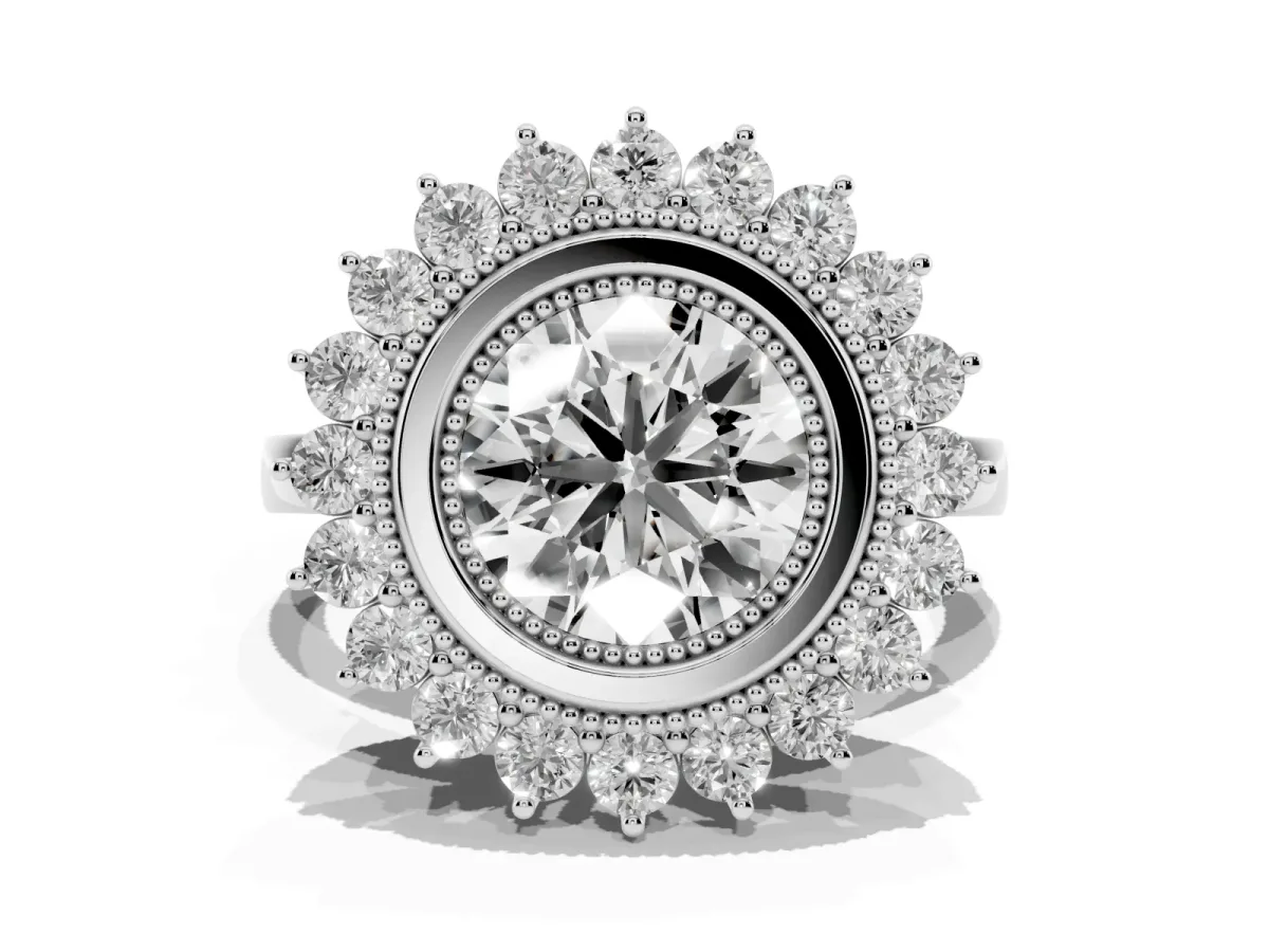 Round Cut Halo Diamond Ring with Milgrain Edge and Round Prong Setting Silver