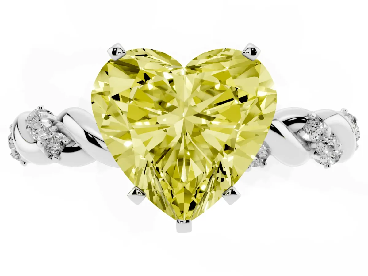 Fancy Yellow Heart Cut Diamond Solitaire Ring with Twisted Band and Pavé Accents Platinum