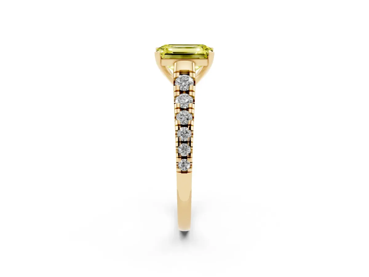 Fancy Yellow Emerald Cut Diamond Cathedral Solitaire Ring with Round Pavé Band Yellow gold