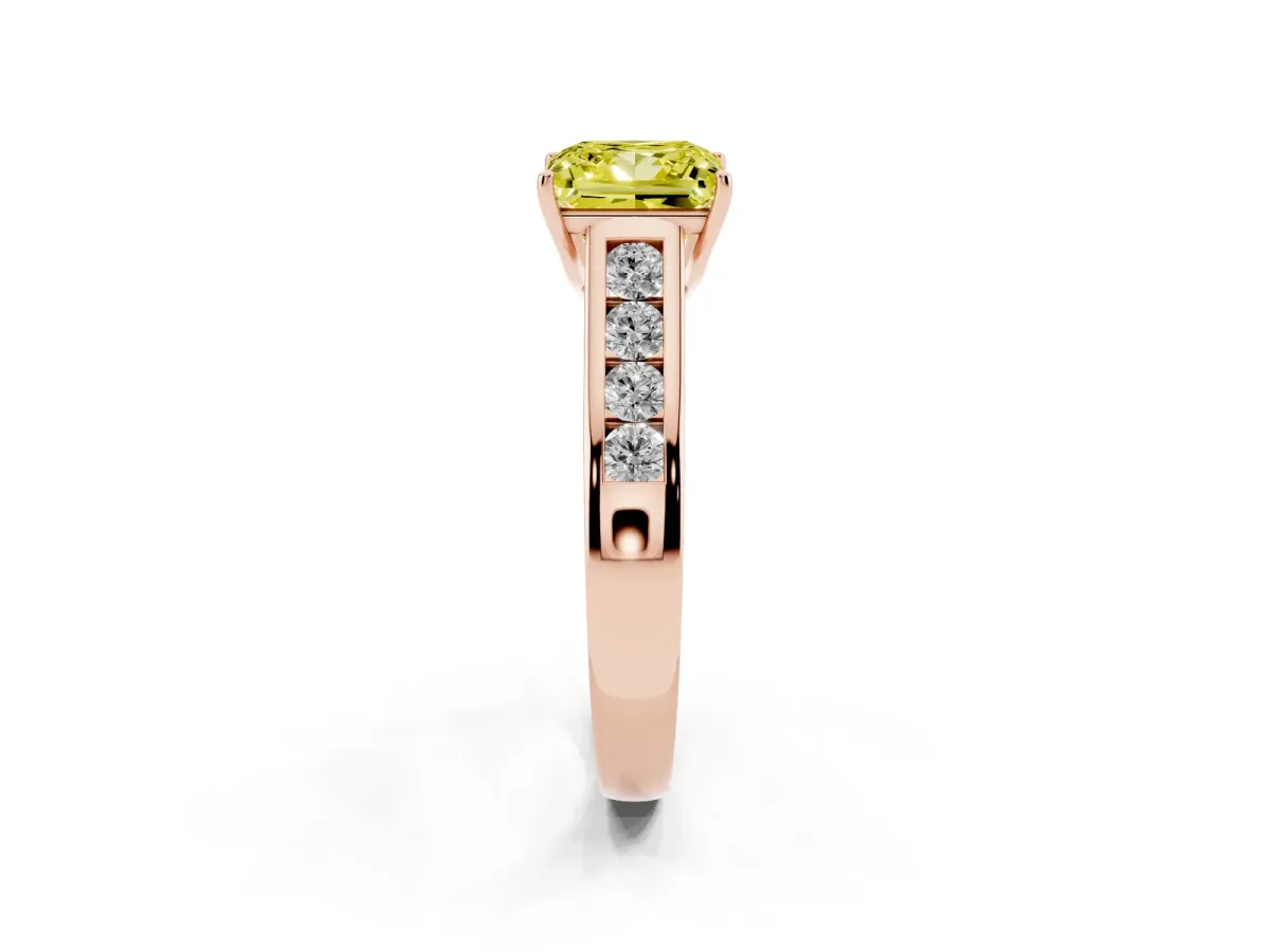 Fancy Yellow Princess Cut Brilliant Channel-Set Solitaire Ring with Four-Prong Setting Rose gold