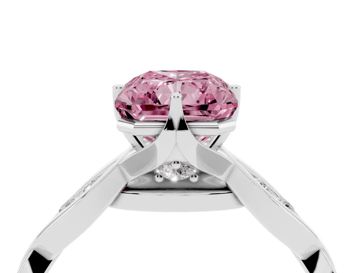 Fancy Pink Radiant Cut Solitaire Twist Band with Leaf Prong Setting Silver