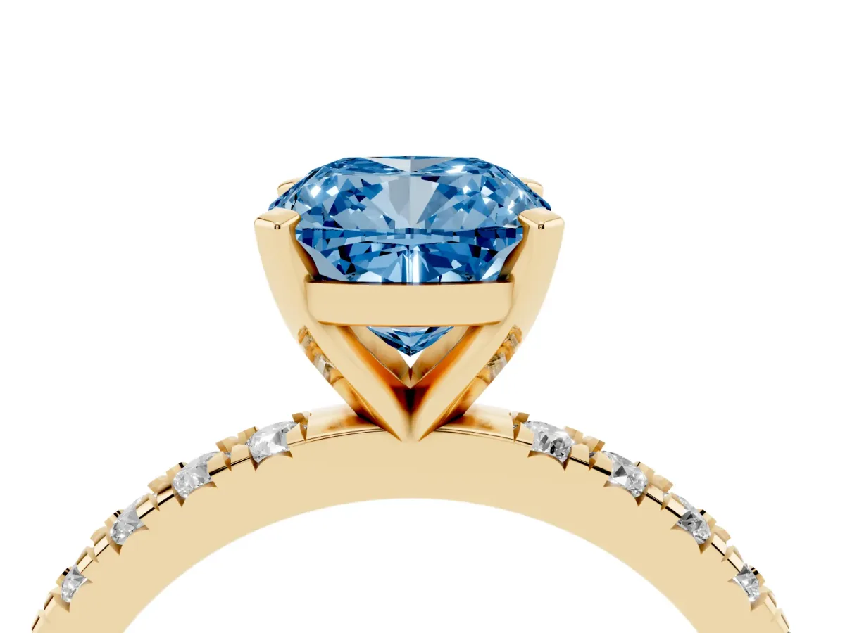 Fancy Blue Cushion Cut Diamond Pavé Band Solitaire with Four-Prong Setting Yellow gold