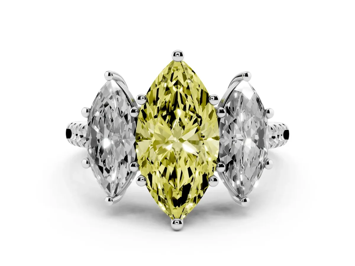 Fancy Yellow Three-Stone Marquise Cut Diamond Ring with Round Pavé Band and Prong Setting Silver