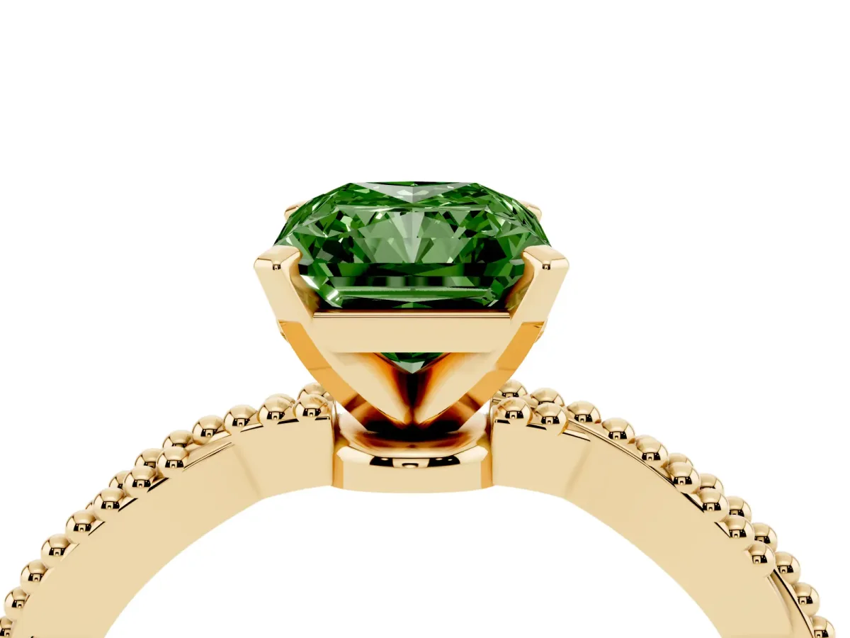 Fancy Green Radiant Cut Solitaire Twisted Band with Bead Prong Setting Yellow gold