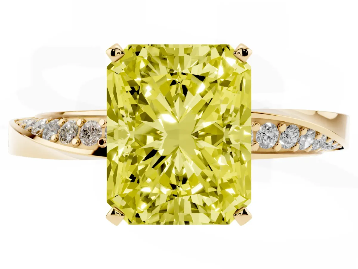 Fancy Yellow Radiant Cut Diamond Engagement Ring with Side Stone Accents and Four-Prong Setting Yellow gold