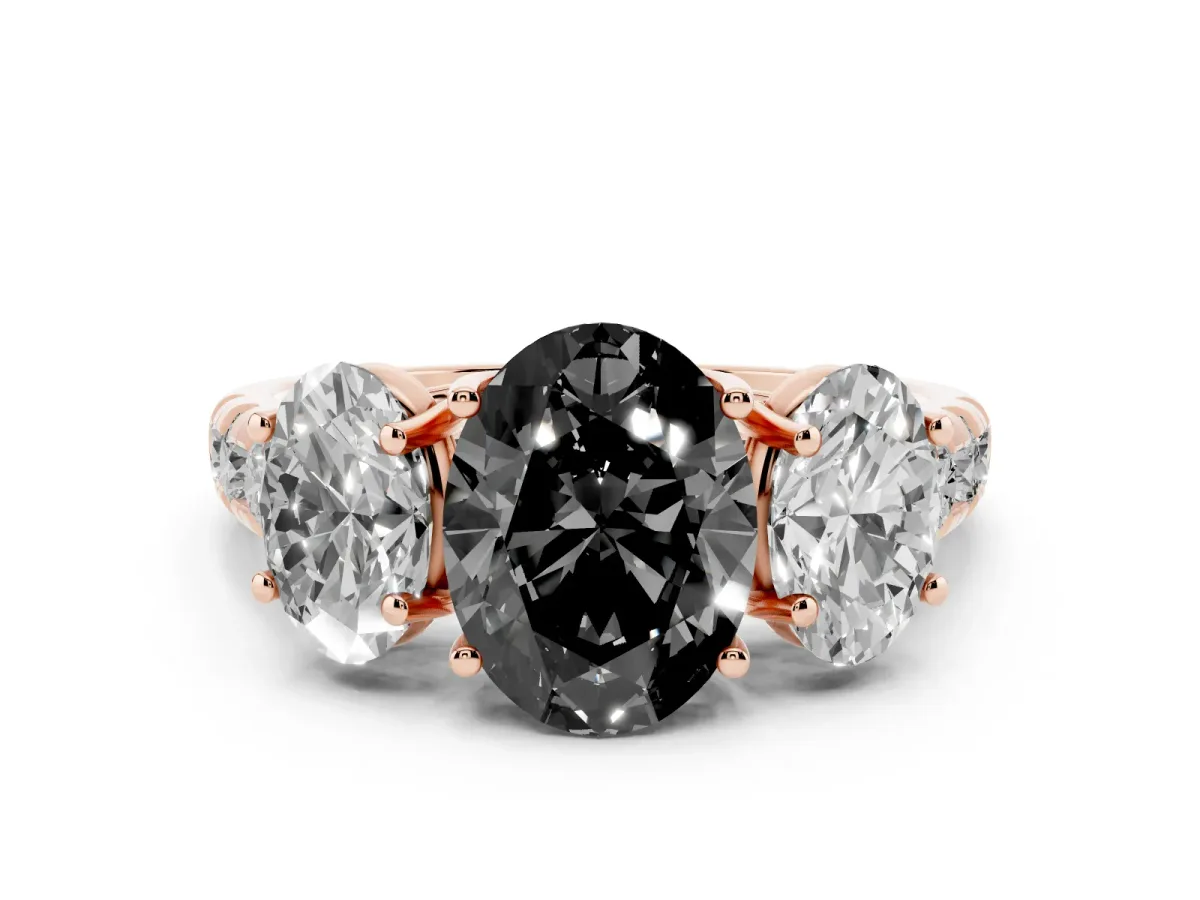 Fancy Black Three-Stone Oval Cut Diamond Pavé Band with Prong Setting Rose gold