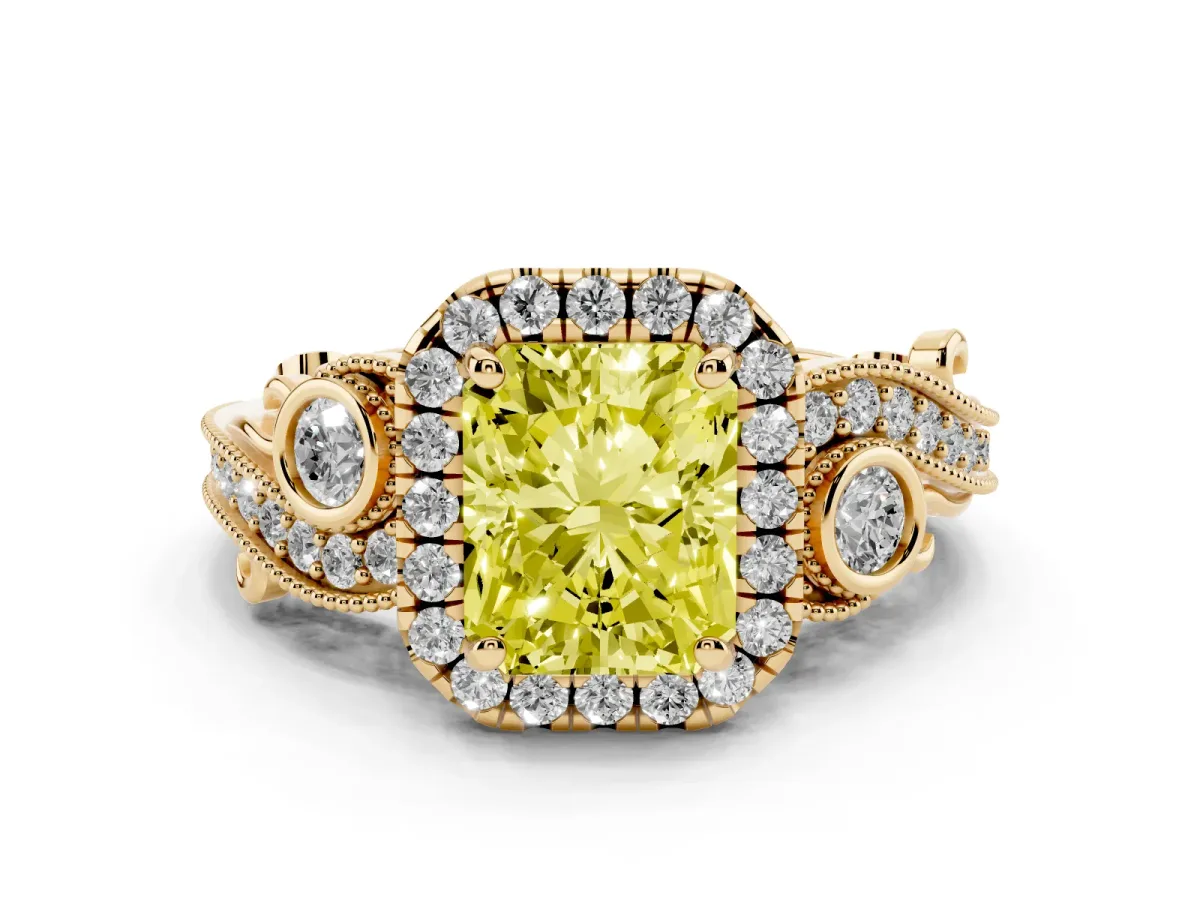 Fancy Yellow Radiant Cut Halo Diamond Ring with Milgrain and Bezel Accents on a Split Shank Band Yellow gold