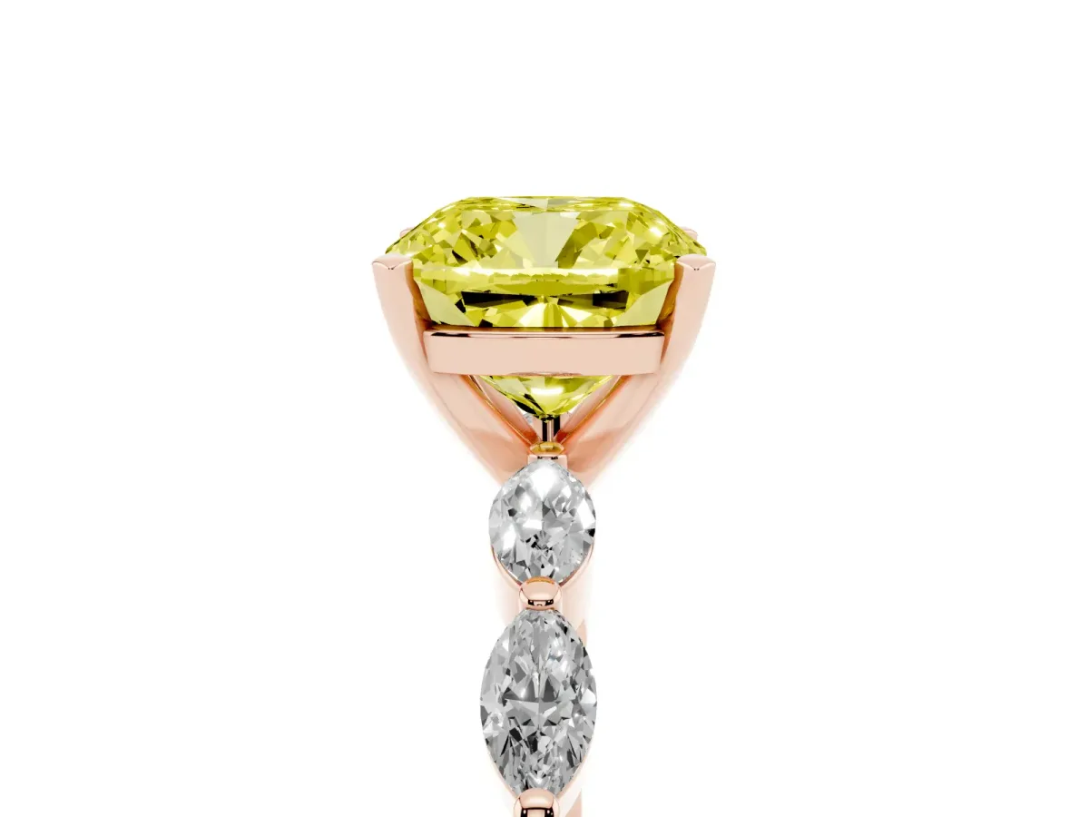 Fancy Yellow Cushion Cut Diamond Ring with Marquise Side Stones and Prong Setting Rose gold