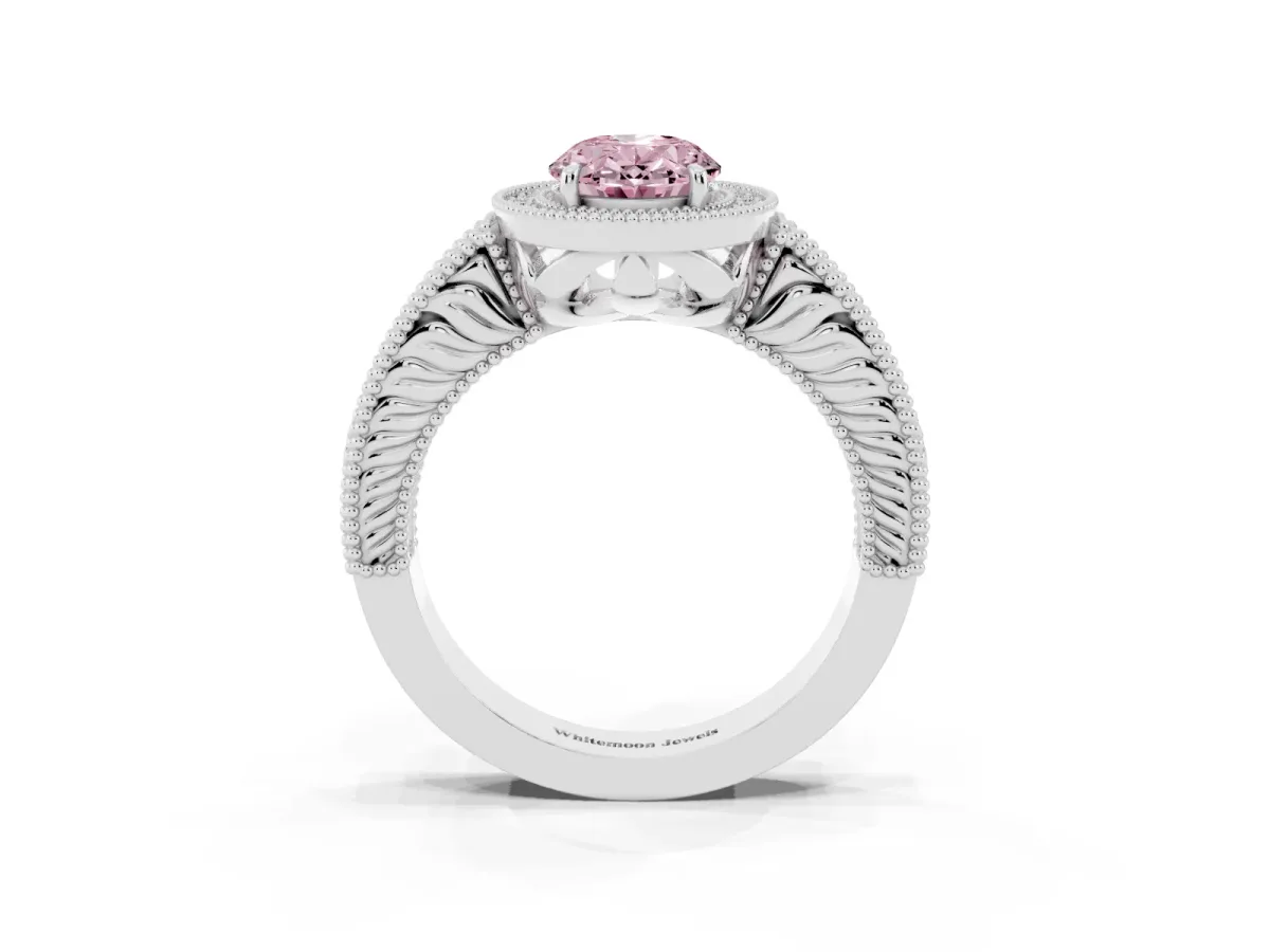 Fancy Pink Oval Cut Cut Halo Diamond Ring with Pavé Band and Four-Prong Setting Silver