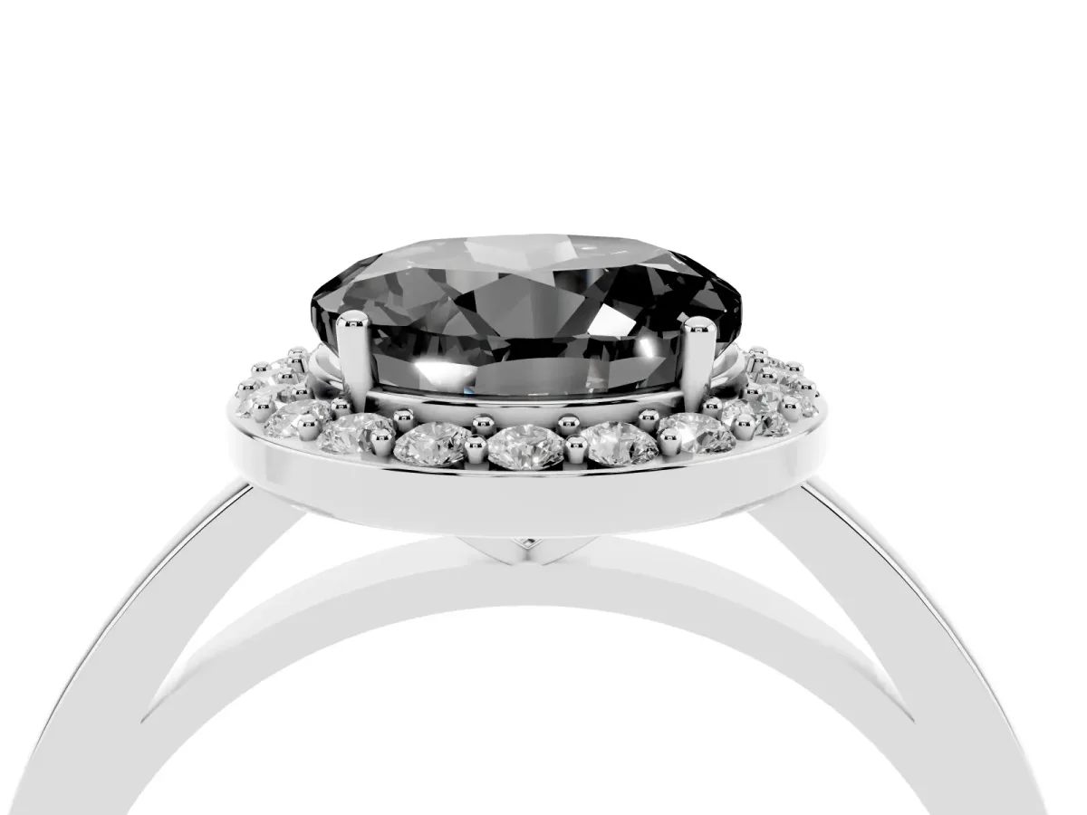 Fancy Black Round Cut Halo Diamond Ring with Solitaire Band and Prong Setting Silver