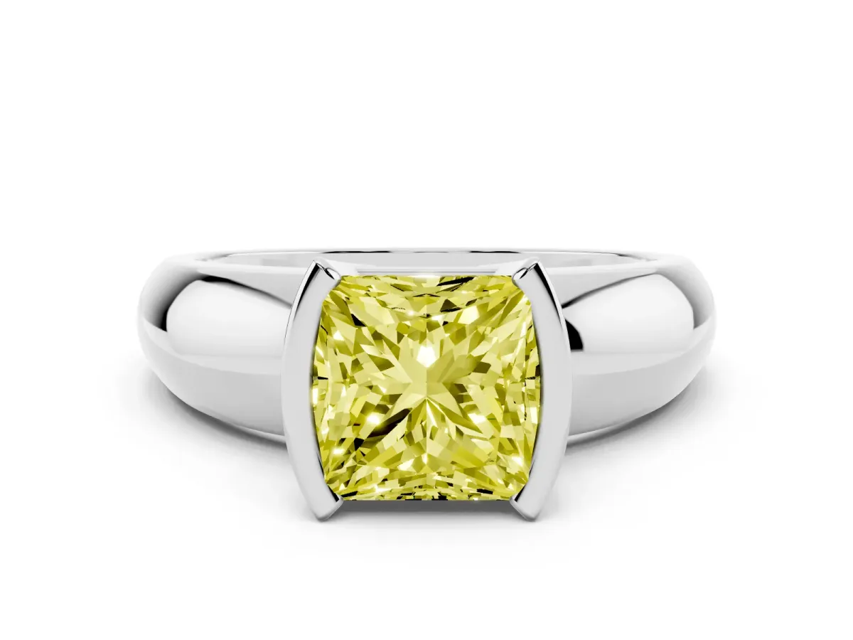 Fancy Yellow Princess Cut Solitaire Tension Set Diamond Ring with Wide Band Silver