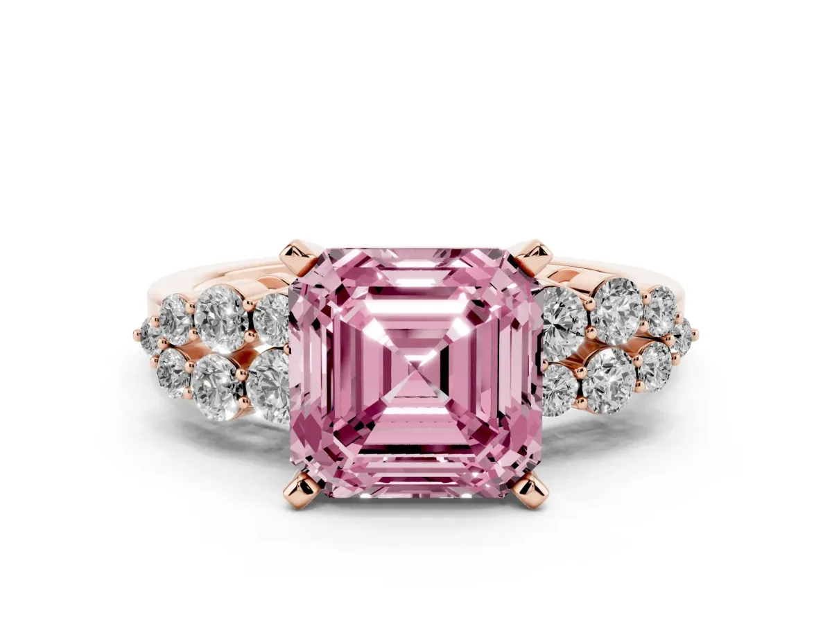 Fancy Pink Asscher Cut Cluster Diamond Engagement Ring with Pavé Band and Four-Prong Setting Rose gold