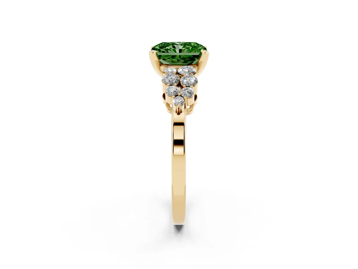 Fancy Green Radiant Cut Cluster Diamond Engagement Ring with Pavé Band and Four-Prong Setting Yellow gold