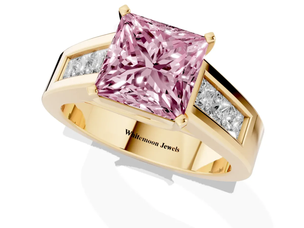 Fancy Pink Princess Cut Cut Channel Set Solitaire Ring with Four-Prong Setting Yellow gold