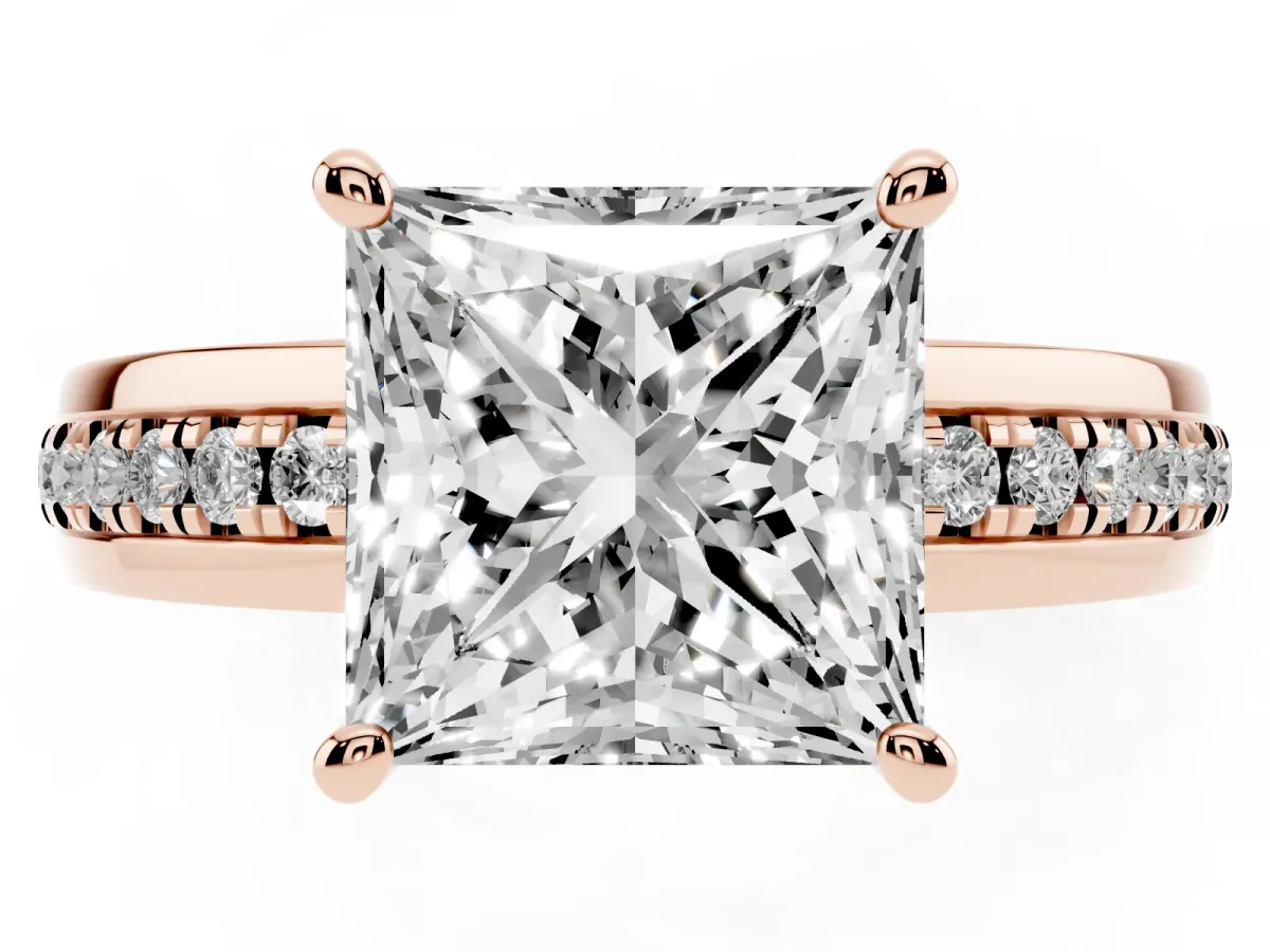 Princess Cut Solitaire Diamond Ring with Channel Set Band and Six-Prong Setting Rose gold