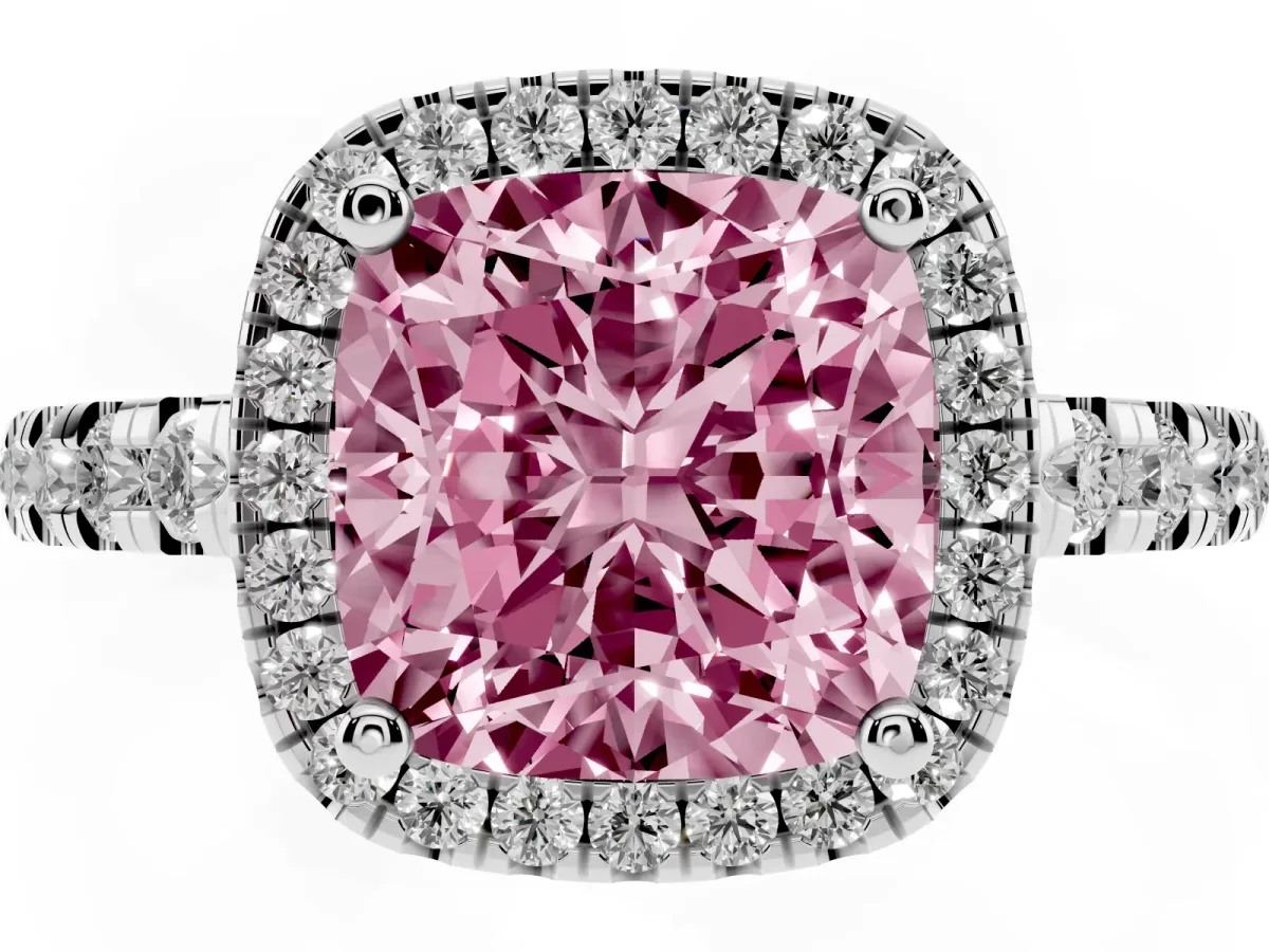 Fancy Pink Cushion Cut Diamond Halo Ring with Pavé Band and Four-Prong Setting Platinum