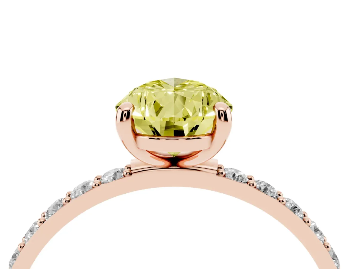 Fancy Yellow Pear Cut Diamond Solitaire Ring with Round Pavé Band and Prong Setting Rose gold