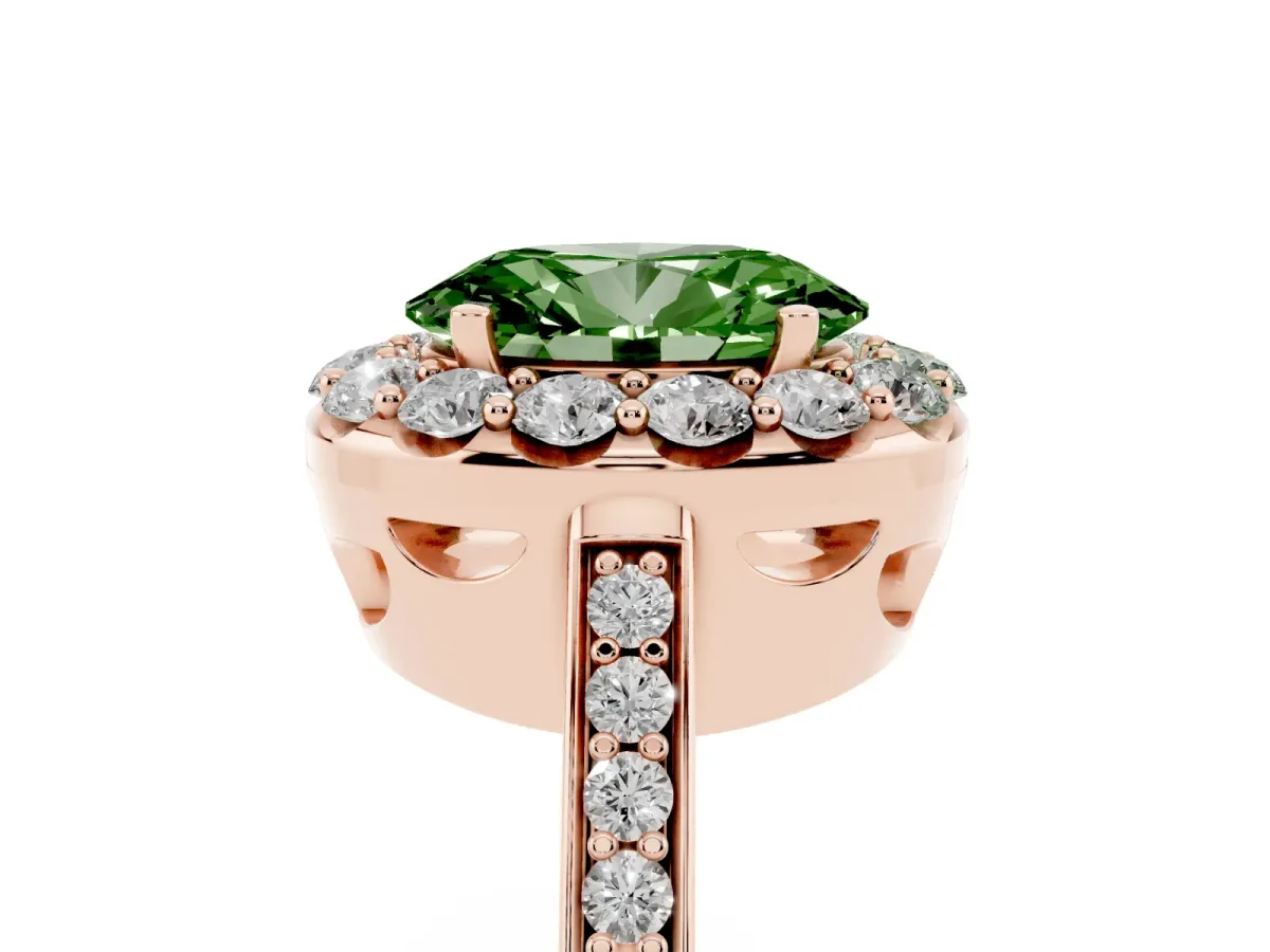 Fancy Green Oval Cut Diamond Floral Halo Ring with Pavé Band and Prong Setting Rose gold