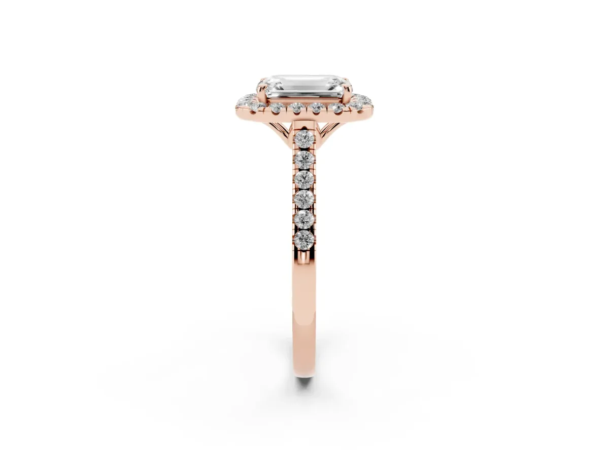 Emerald Cut Halo Pavé Diamond Engagement Ring with Four-Prong Setting Rose gold