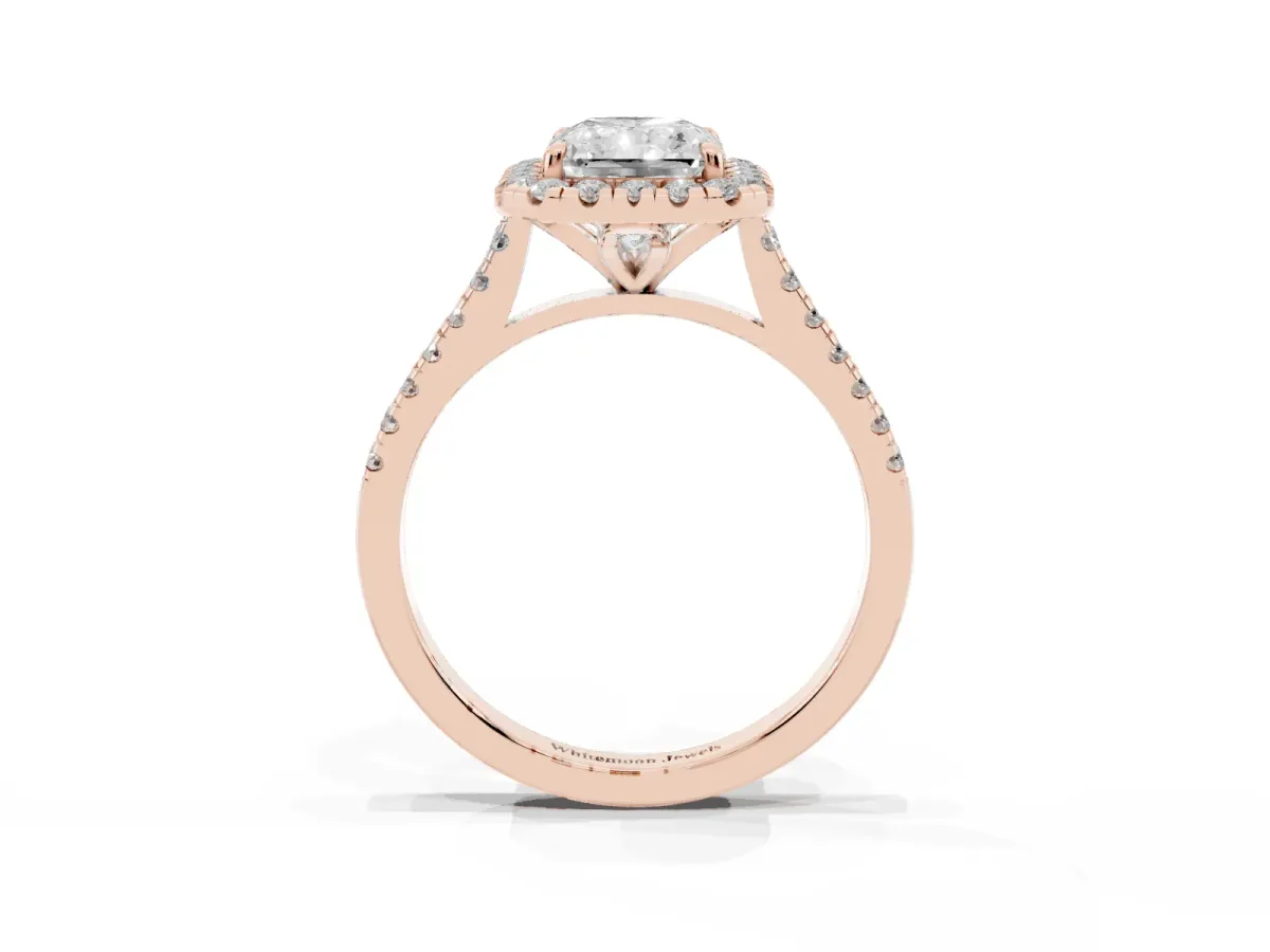 Radiant Cut Diamond Cushion Halo Ring with Pavé Band Rose gold