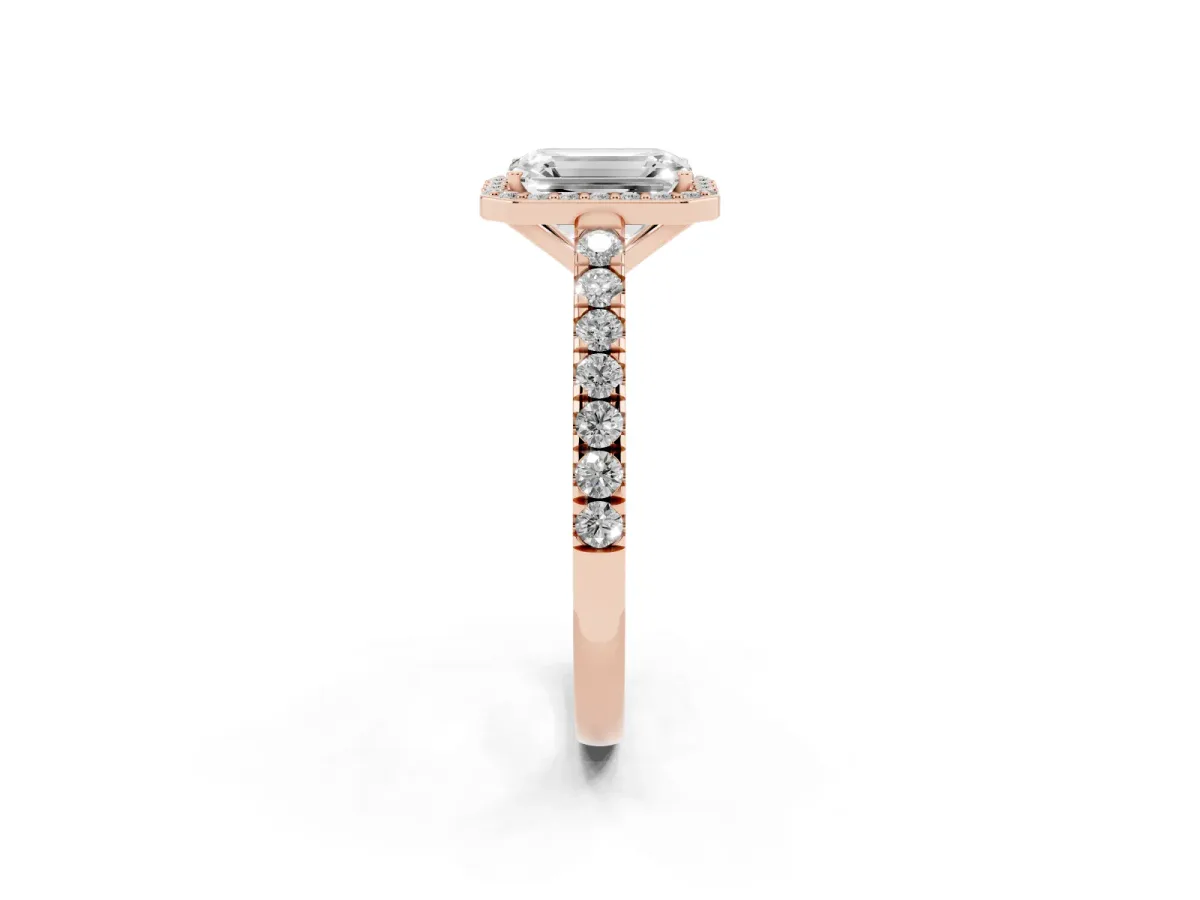 Emerald Cut Cut Halo Diamond Engagement Ring with Pave Band and Four-Prong Setting Rose gold