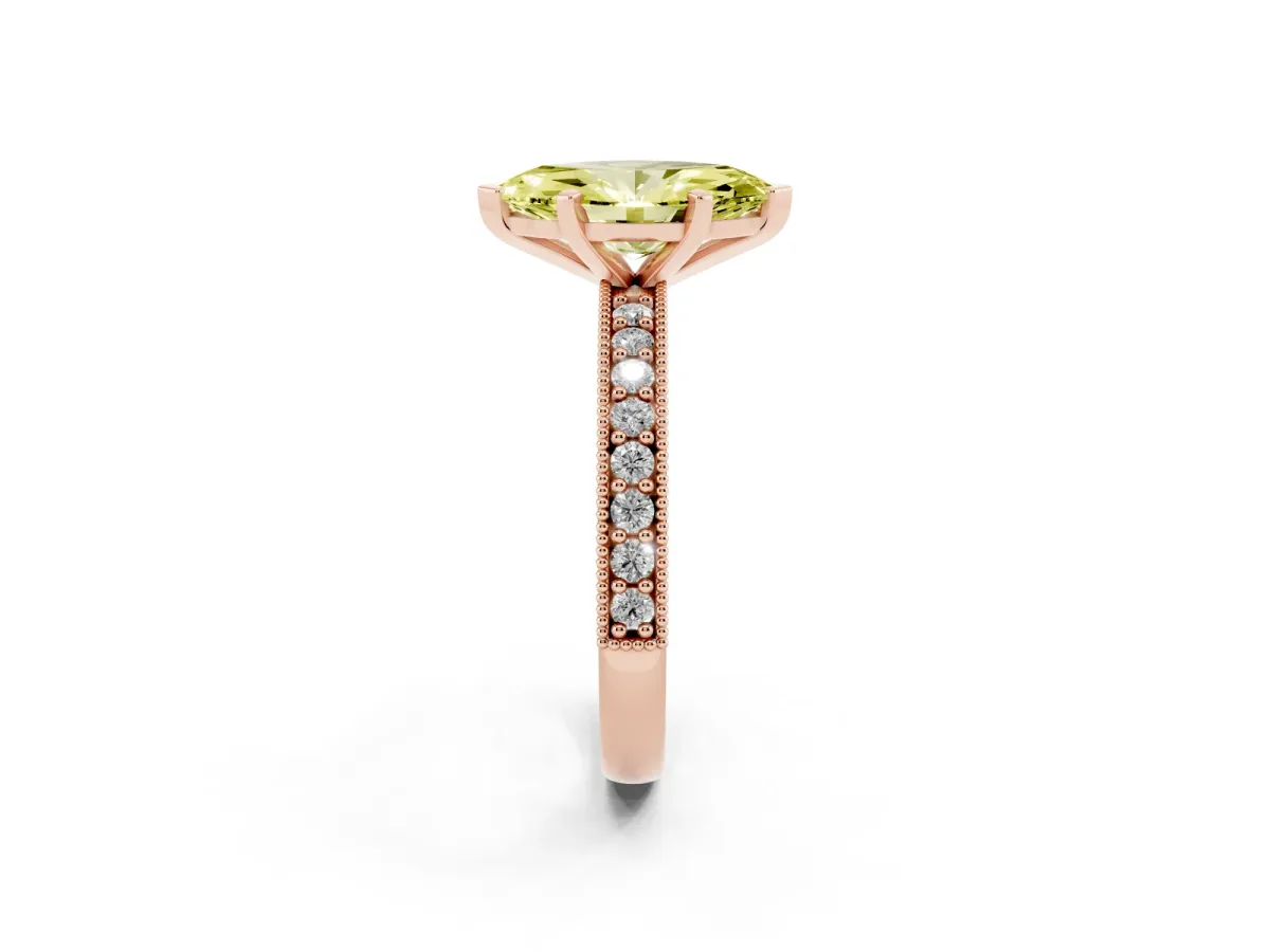 Fancy Yellow Marquise Cut Diamond Milgrain Pavé Engagement Ring with Four-Prong Setting Rose gold