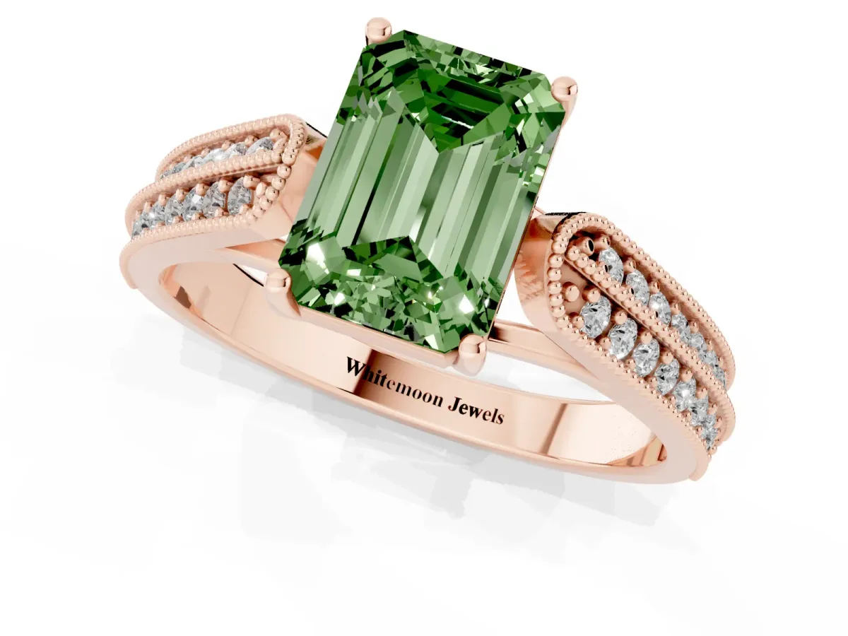 Fancy Green Emerald Cut Cut Pave Split Shank Engagement Ring with Four-Prong Setting Rose gold