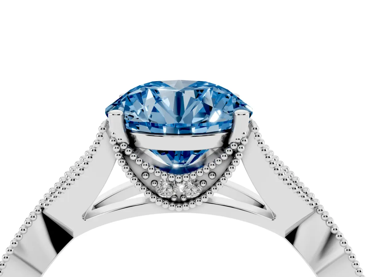 Fancy Blue Round Cut Cut Diamond Twisted Band with Milgrain Pave Setting and Four-Prong Setting Silver