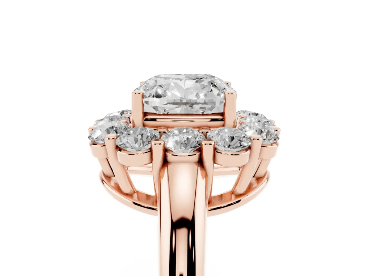 Cushion Cut Halo Cluster Diamond Engagement Ring with Prong Setting and Polished Band Rose gold