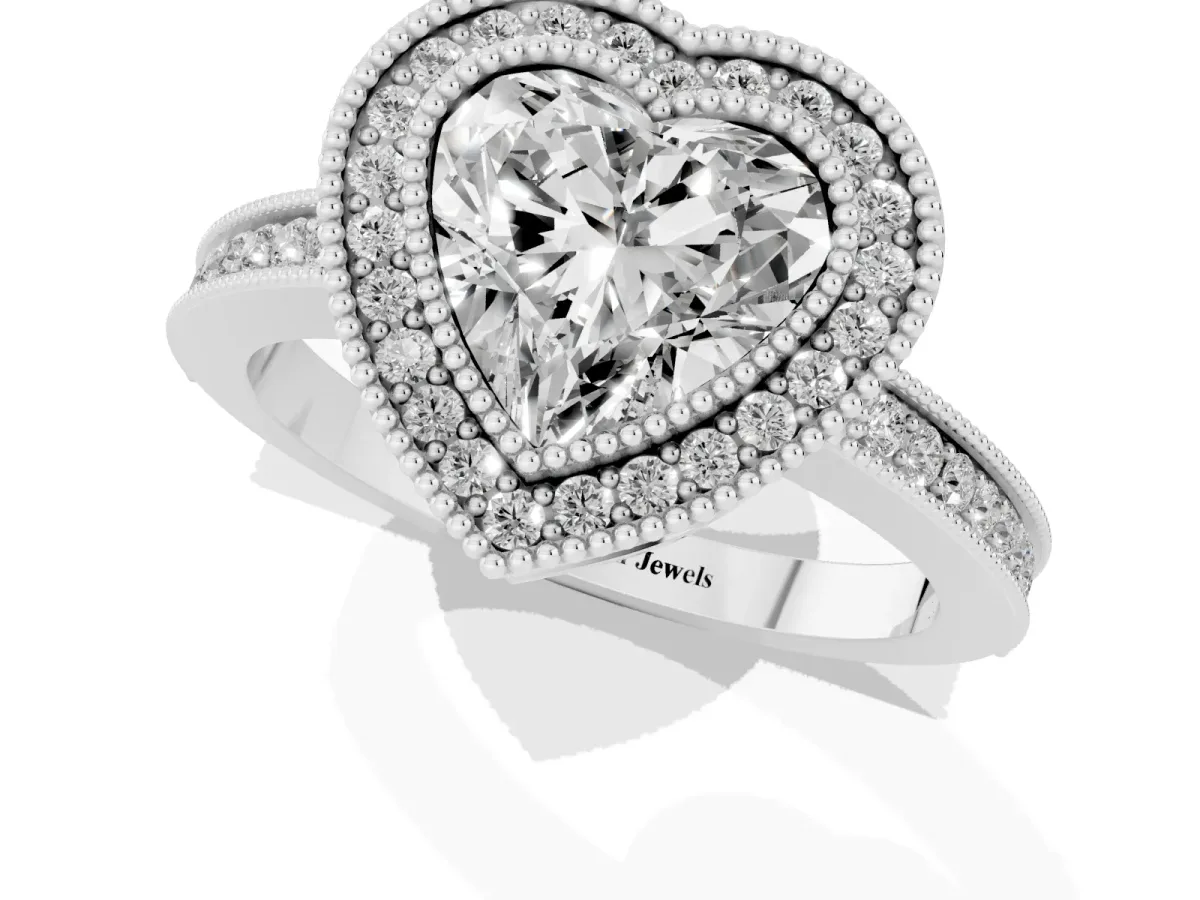 Heart Cut Cut Halo Diamond Ring with Pavé Band and Milgrain Prong Setting White gold